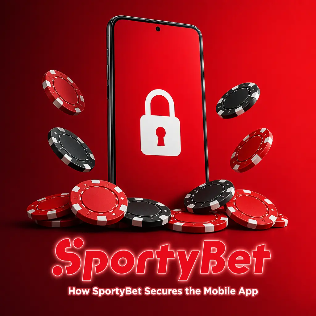 SportyBet mobile app security features showing 256-bit TLS encryption, biometric login, and two factor authentication on a smartphone