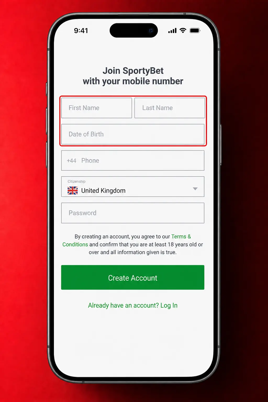 Step-by-step screenshot showing how to complete SportyBet registration using mobile number or email sign up.