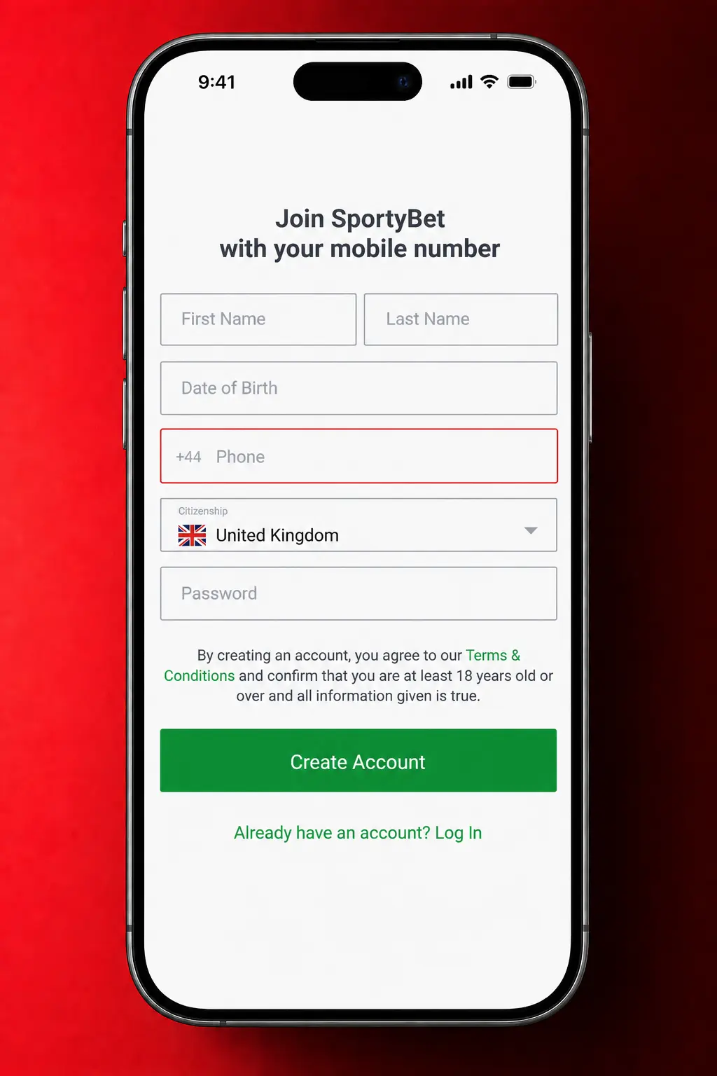 Step-by-step screenshot showing how to complete SportyBet registration using mobile number or email sign up