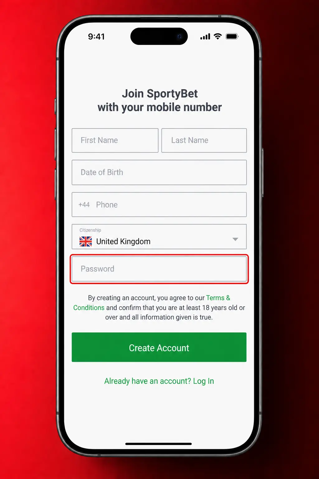 Step-by-step screenshot of the SportyBet registration form showing sign-up fields for mobile or email account creation.