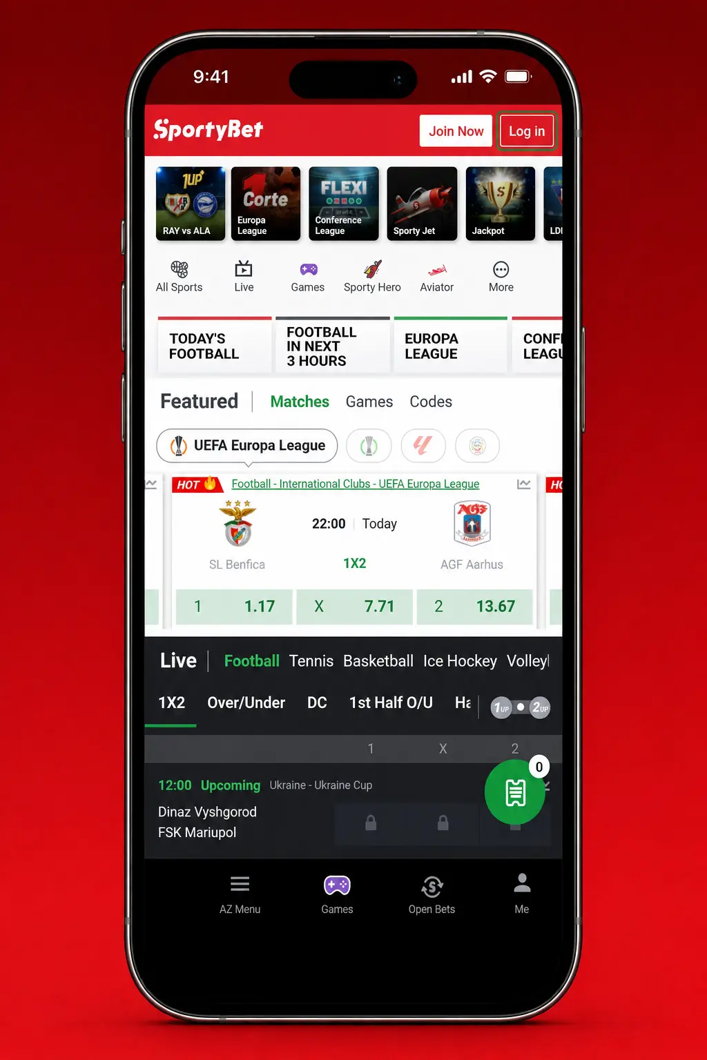 SportyBet login screen showing mobile number or email and password fields for account access
