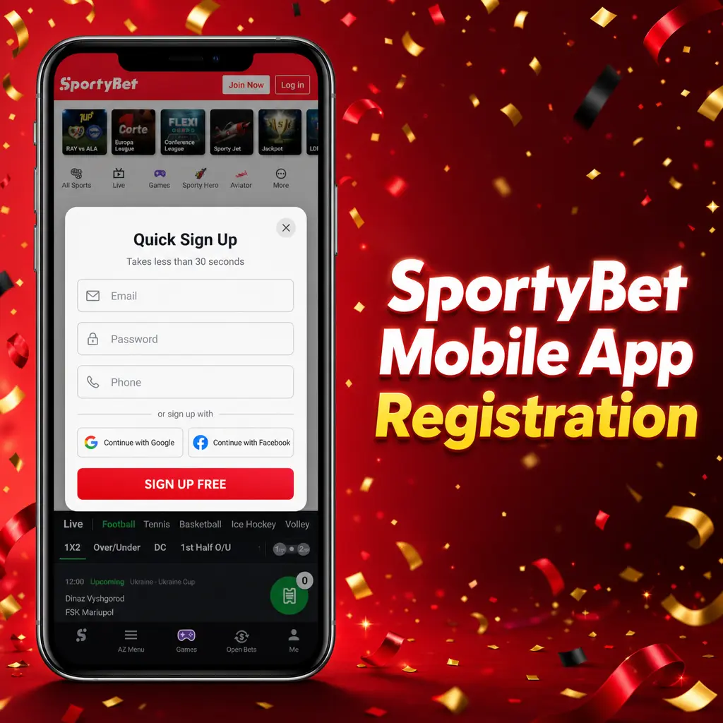 SportyBet mobile app registration screen showing sign-up steps for creating a new betting account
