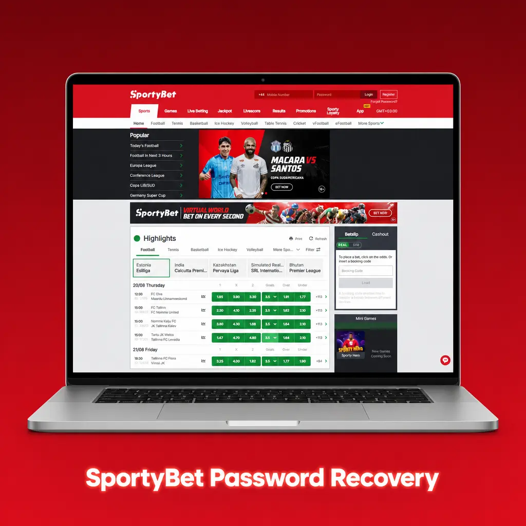 SportyBet password recovery steps: forgot password link, identity confirmation, OTP code entry, and creating a new secure password.