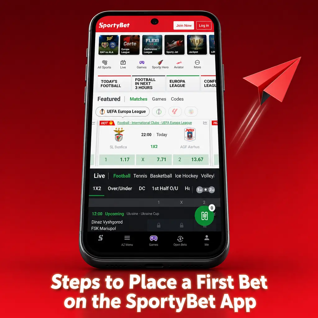 Four-step guide to placing a first bet on the SportyBet app: pick a match, tap odds, enter stake, confirm slip.